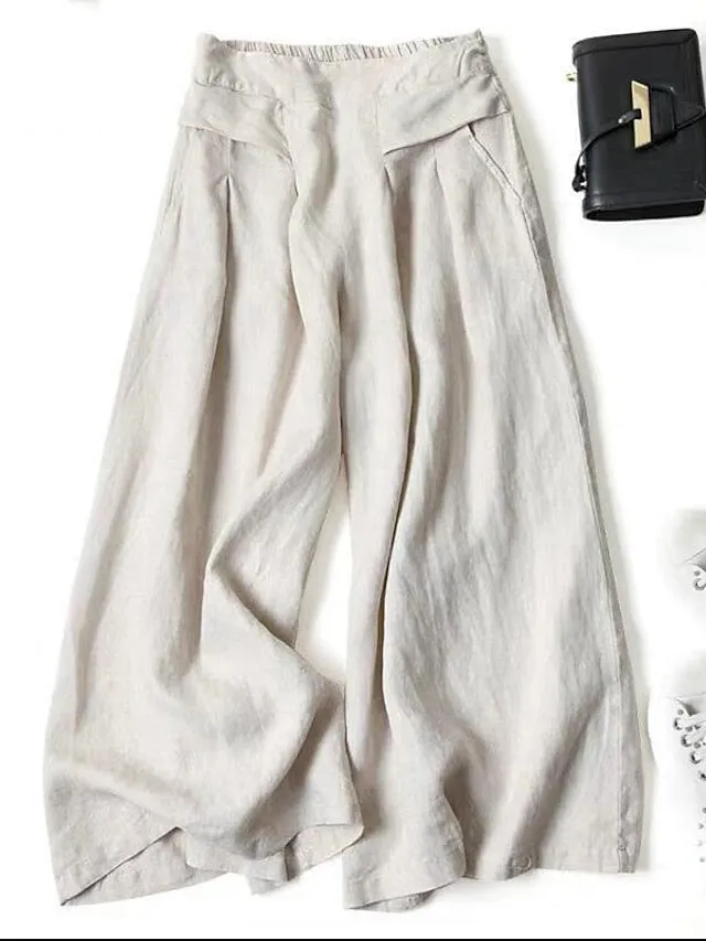 100% Cotton Wide Leg Culottes Pants for Women - Black White Yellow - High Waist Casual Lounge Holiday Wear