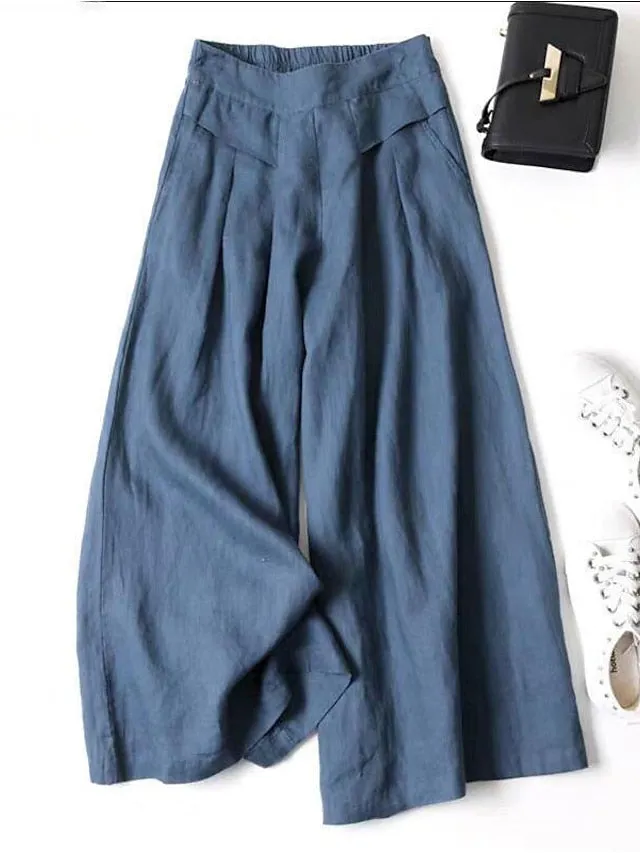 100% Cotton Wide Leg Culottes Pants for Women - Black White Yellow - High Waist Casual Lounge Holiday Wear