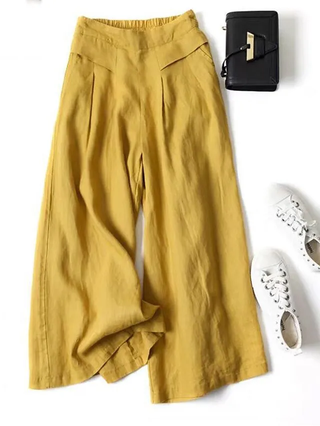 100% Cotton Wide Leg Culottes Pants for Women - Black White Yellow - High Waist Casual Lounge Holiday Wear