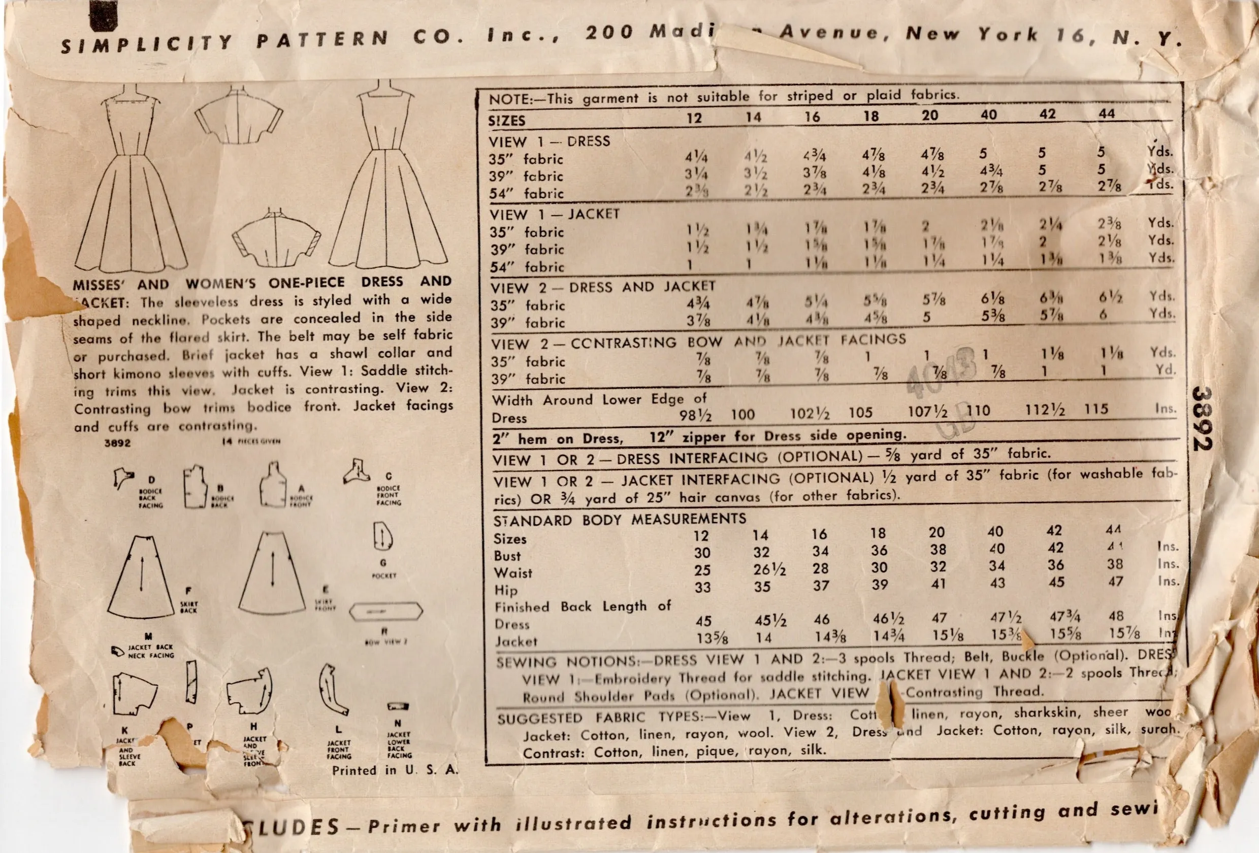 1950’s Simplicity One Piece Dress Pattern with Notched Neckline and Bolero - Bust 36" - No. 3892