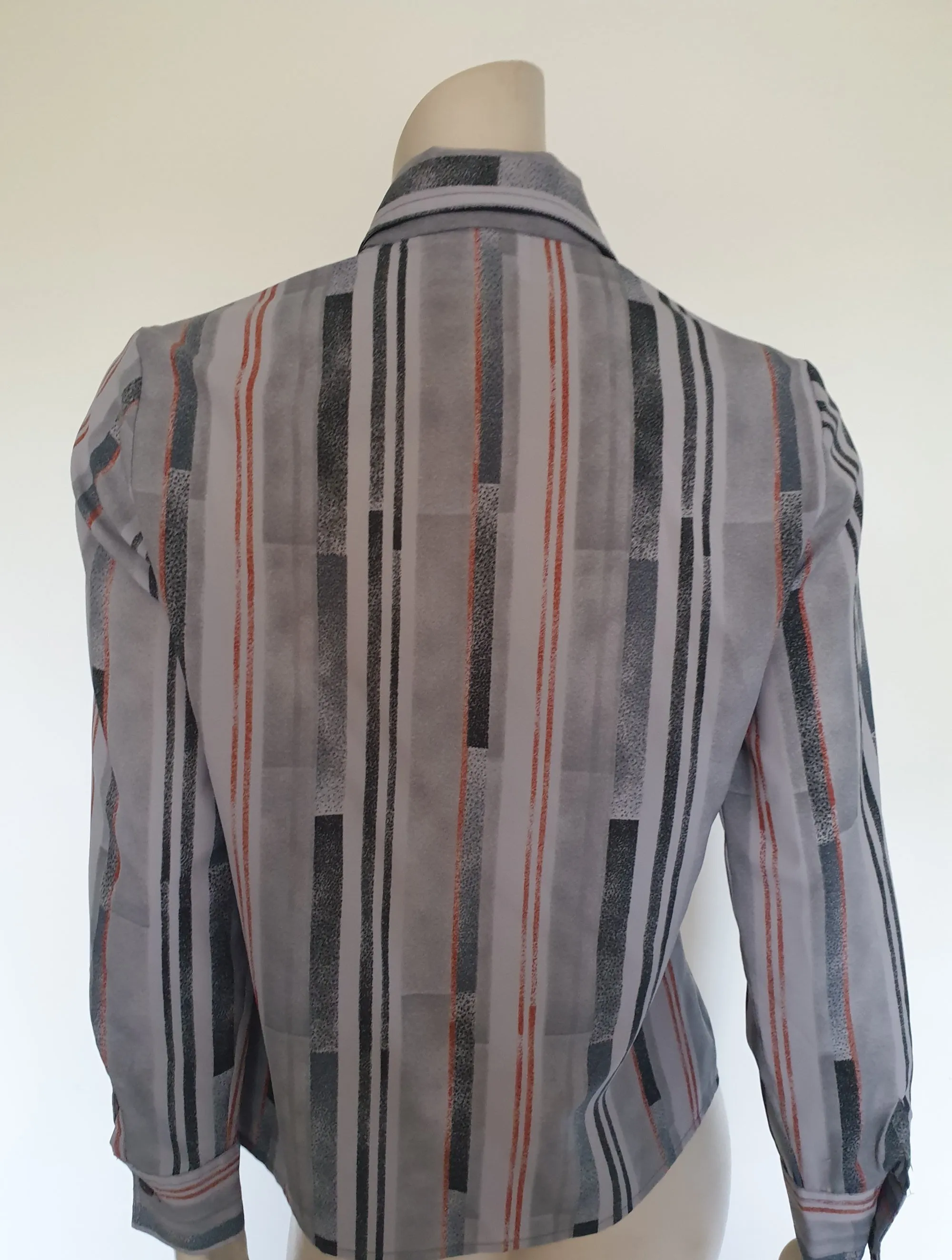 1970s Grey Striped Shirt, Blouse, With Long Pointed Collar - M