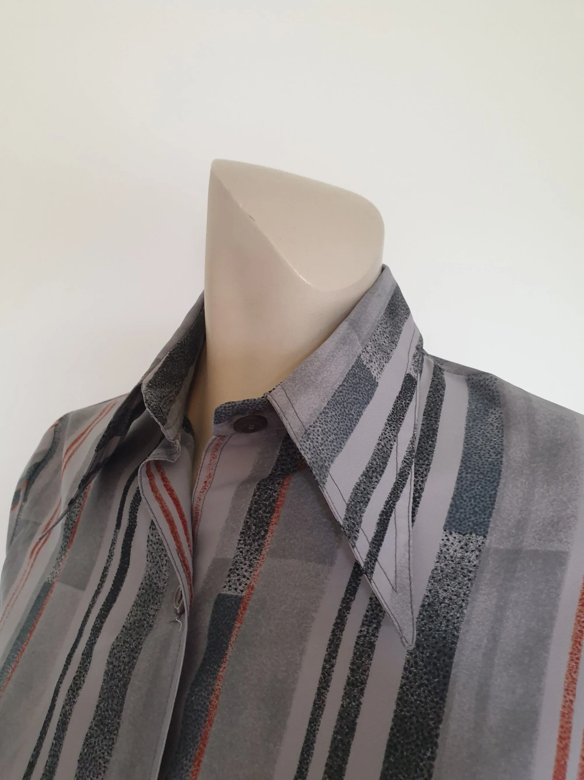 1970s Grey Striped Shirt, Blouse, With Long Pointed Collar - M