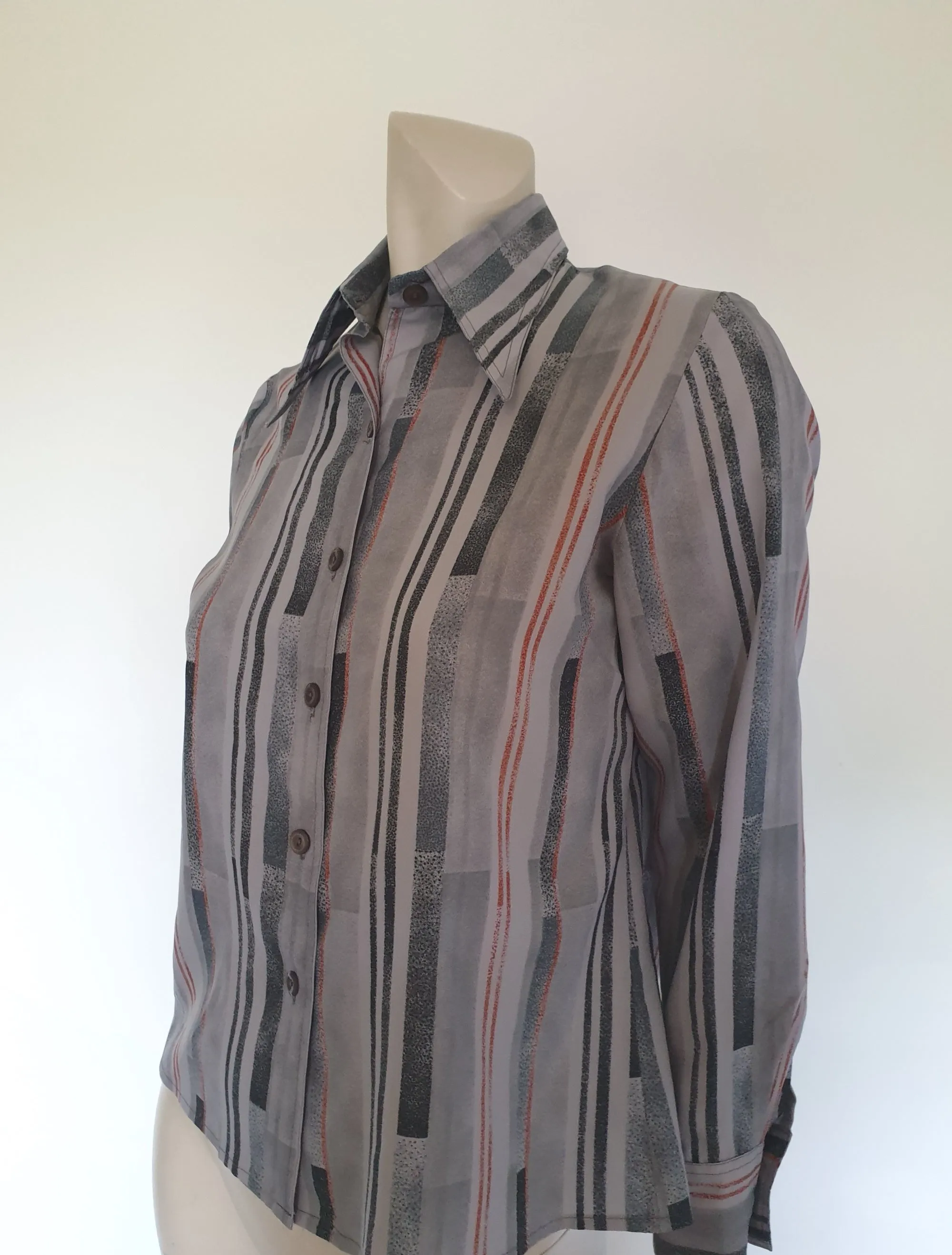 1970s Grey Striped Shirt, Blouse, With Long Pointed Collar - M