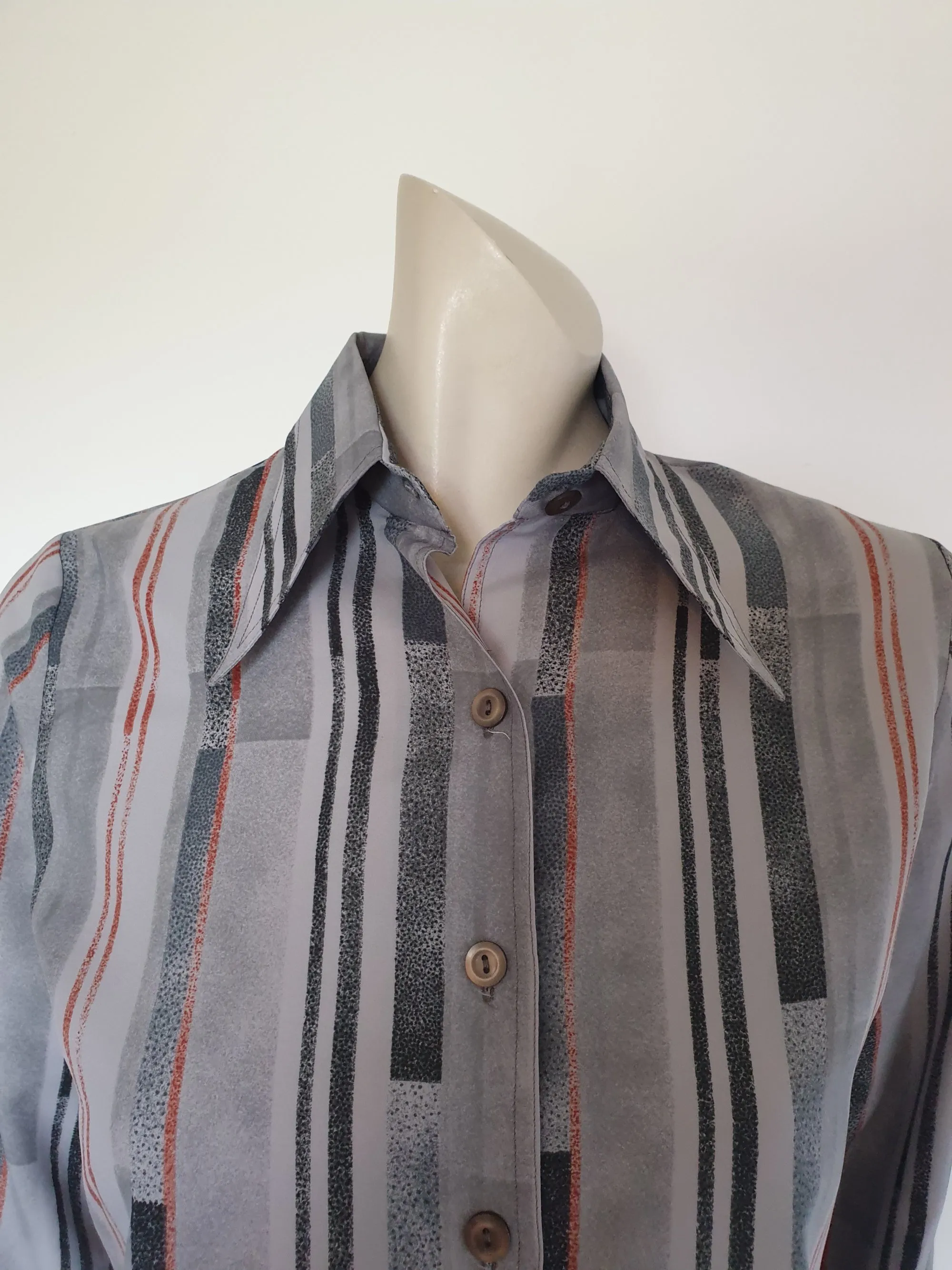 1970s Grey Striped Shirt, Blouse, With Long Pointed Collar - M