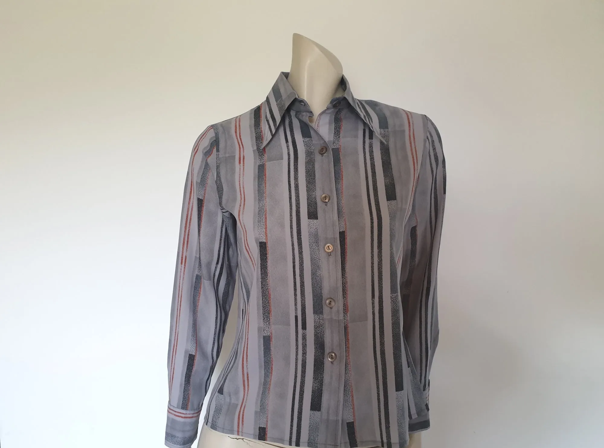 1970s Grey Striped Shirt, Blouse, With Long Pointed Collar - M