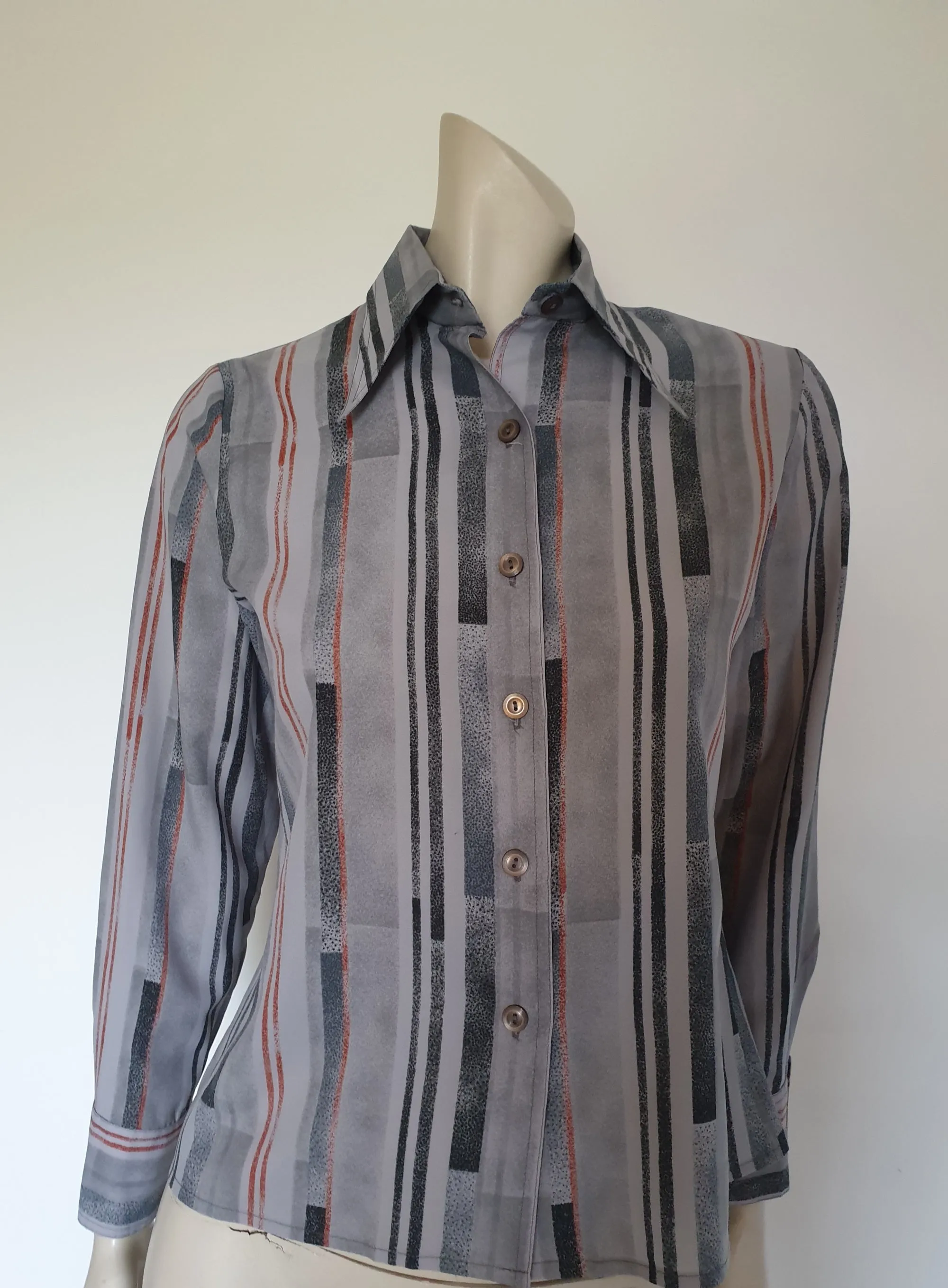 1970s Grey Striped Shirt, Blouse, With Long Pointed Collar - M