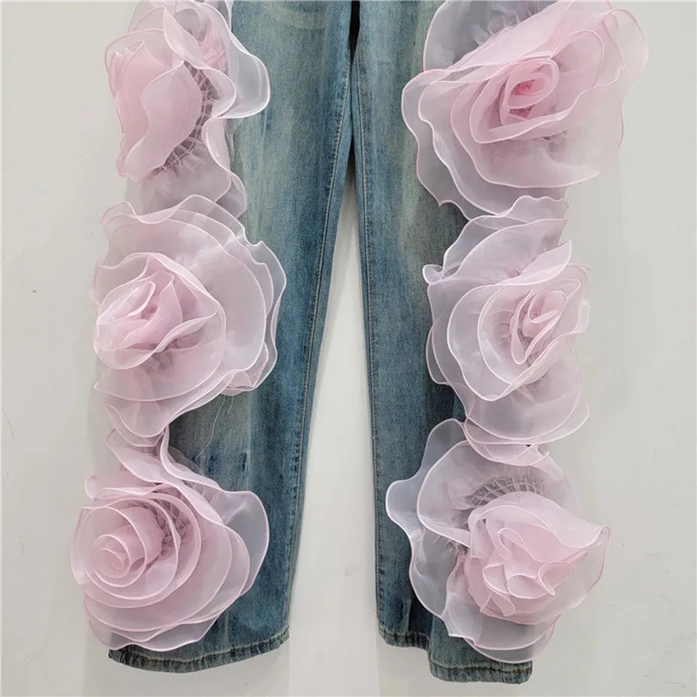 3D Flowers High Waist Jeans