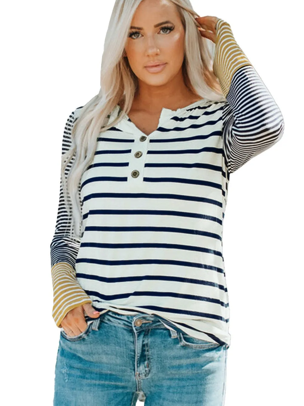 Autumn Striped Henley Top with Button Detail