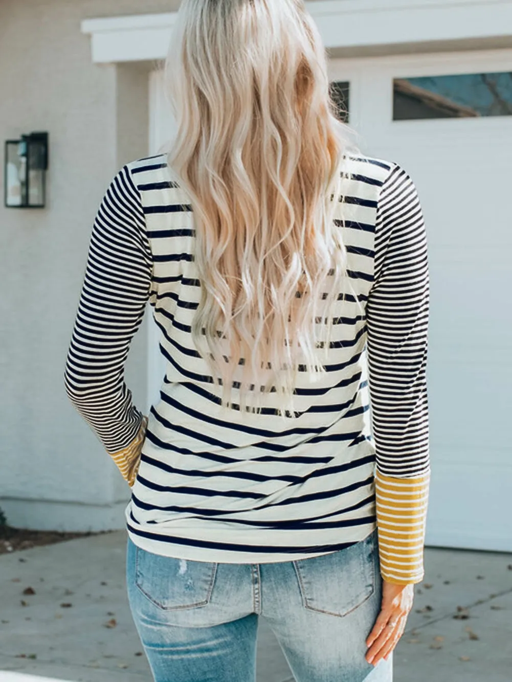 Autumn Striped Henley Top with Button Detail