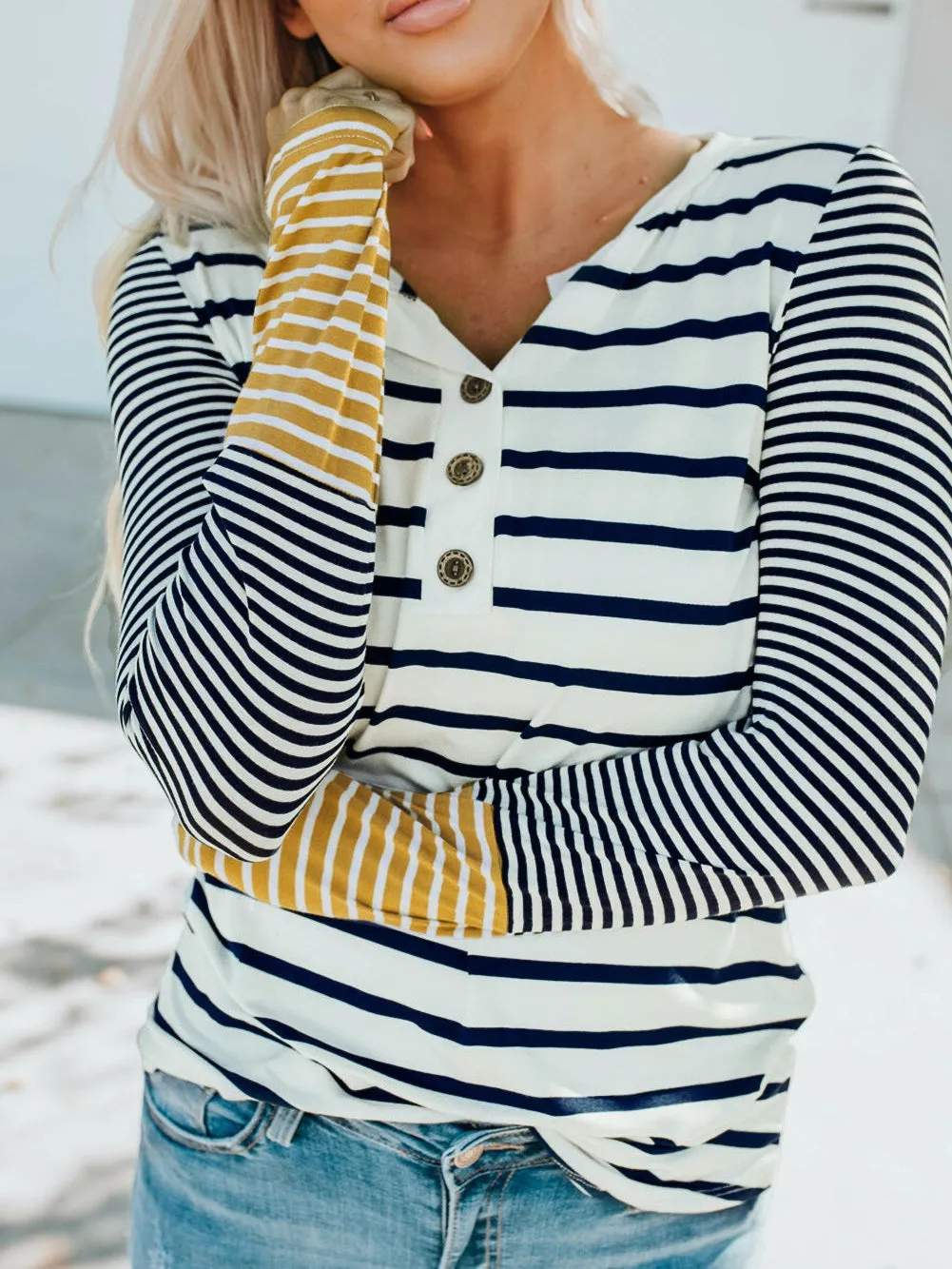 Autumn Striped Henley Top with Button Detail