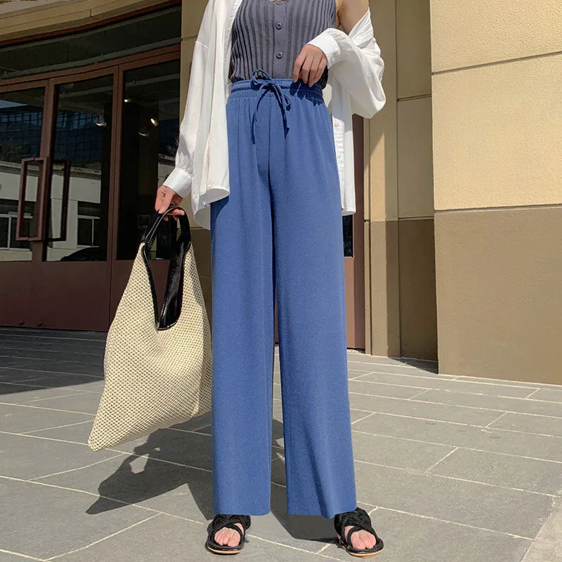 Beige Ice Silk Wide Leg Pants Women Summer Thin High Waist Drape Straight Loose Floor Length Pants