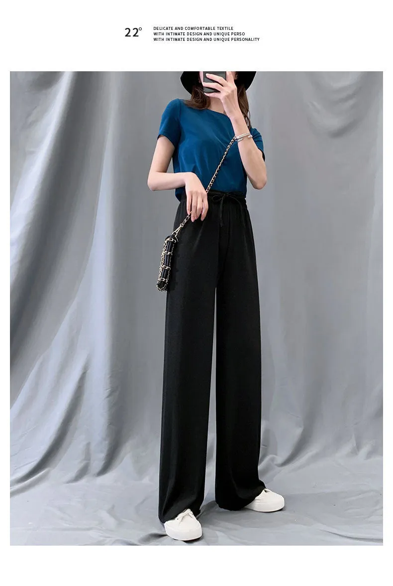 Beige Ice Silk Wide Leg Pants Women Summer Thin High Waist Drape Straight Loose Floor Length Pants