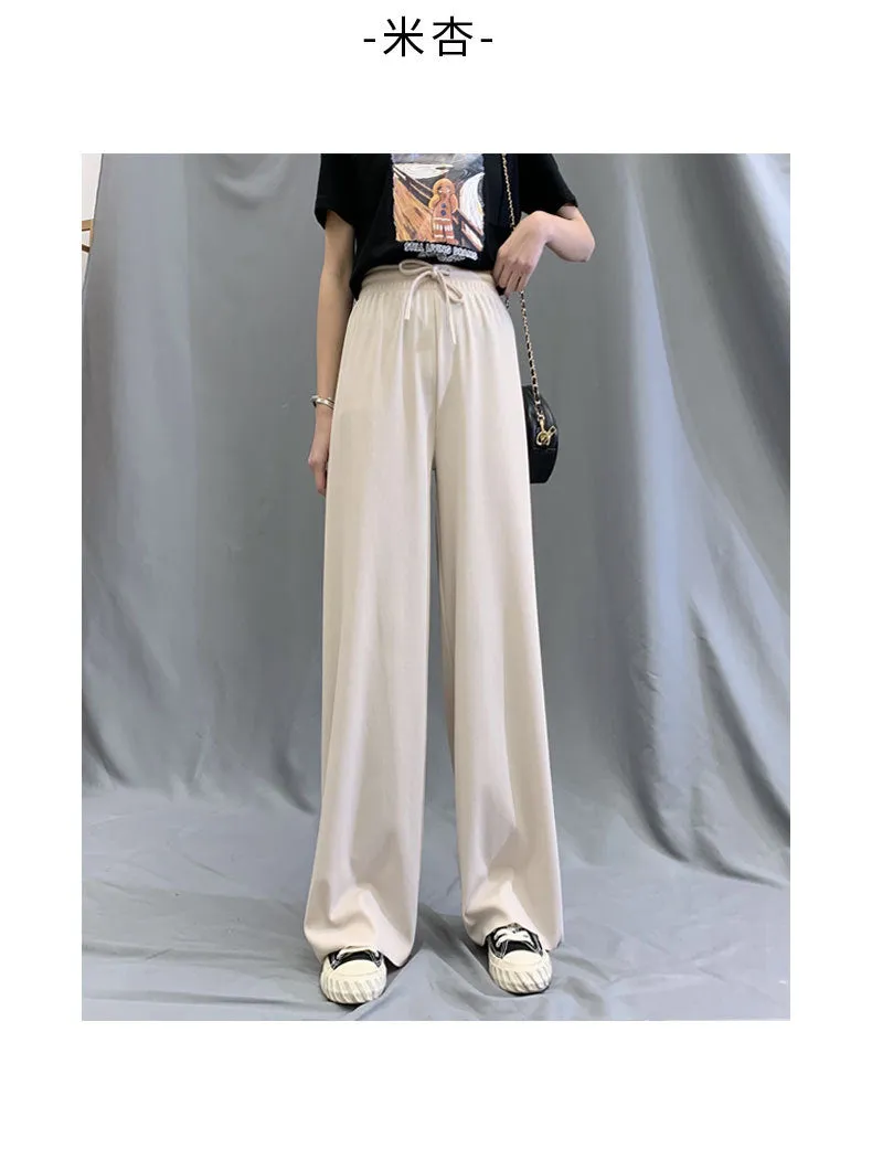 Beige Ice Silk Wide Leg Pants Women Summer Thin High Waist Drape Straight Loose Floor Length Pants