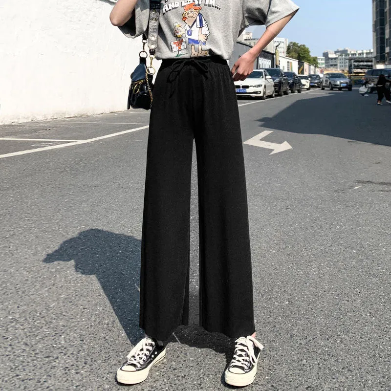 Beige Ice Silk Wide Leg Pants Women Summer Thin High Waist Drape Straight Loose Floor Length Pants