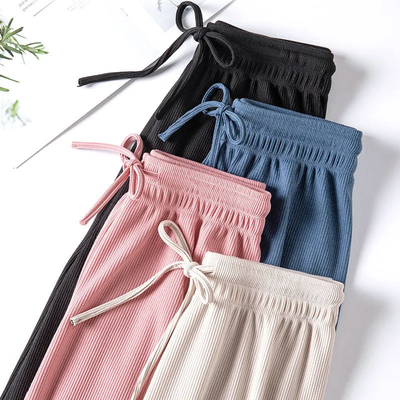 Beige Ice Silk Wide Leg Pants Women Summer Thin High Waist Drape Straight Loose Floor Length Pants