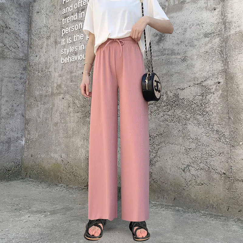 Beige Ice Silk Wide Leg Pants Women Summer Thin High Waist Drape Straight Loose Floor Length Pants