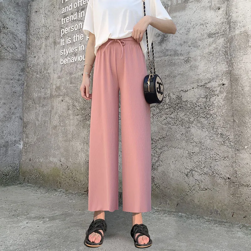 Beige Ice Silk Wide Leg Pants Women Summer Thin High Waist Drape Straight Loose Floor Length Pants