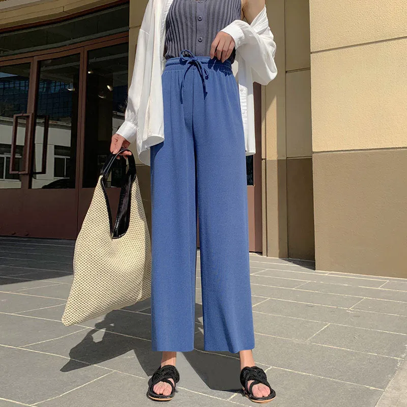 Beige Ice Silk Wide Leg Pants Women Summer Thin High Waist Drape Straight Loose Floor Length Pants