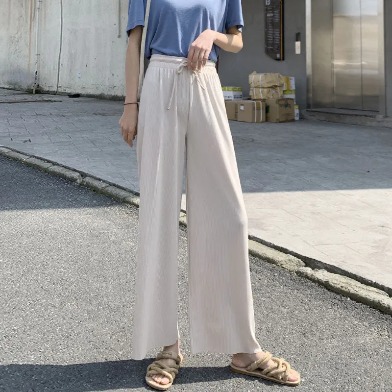 Beige Ice Silk Wide Leg Pants Women Summer Thin High Waist Drape Straight Loose Floor Length Pants