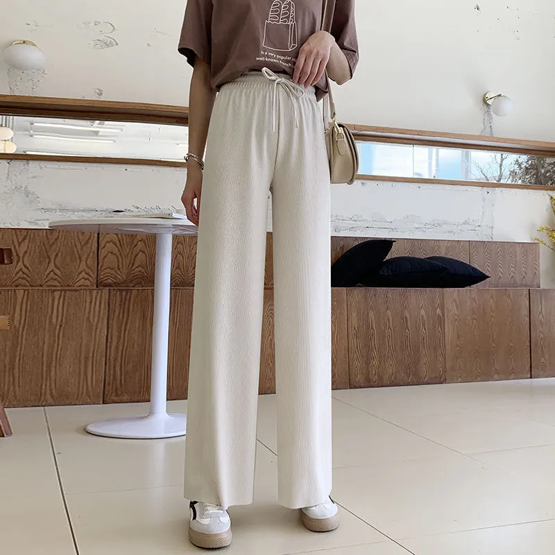 Beige Ice Silk Wide Leg Pants Women Summer Thin High Waist Drape Straight Loose Floor Length Pants