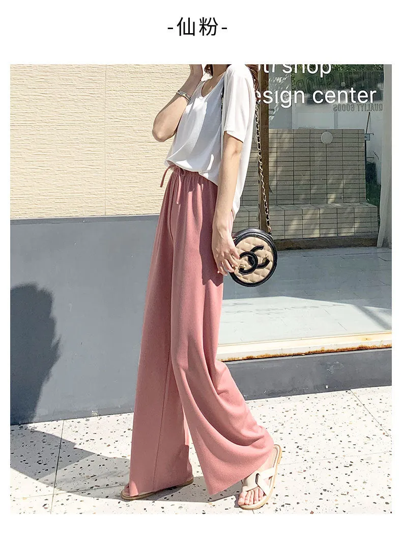 Beige Ice Silk Wide Leg Pants Women Summer Thin High Waist Drape Straight Loose Floor Length Pants