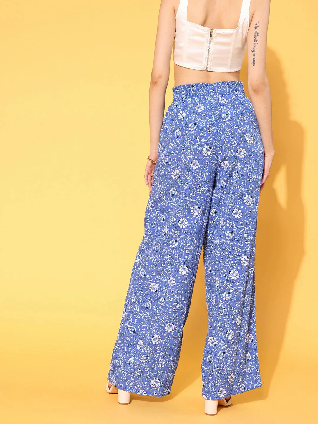 Berrylush Women Elegant Blue Floral Printed High-Rise Waist Wide Leg Flared Trousers