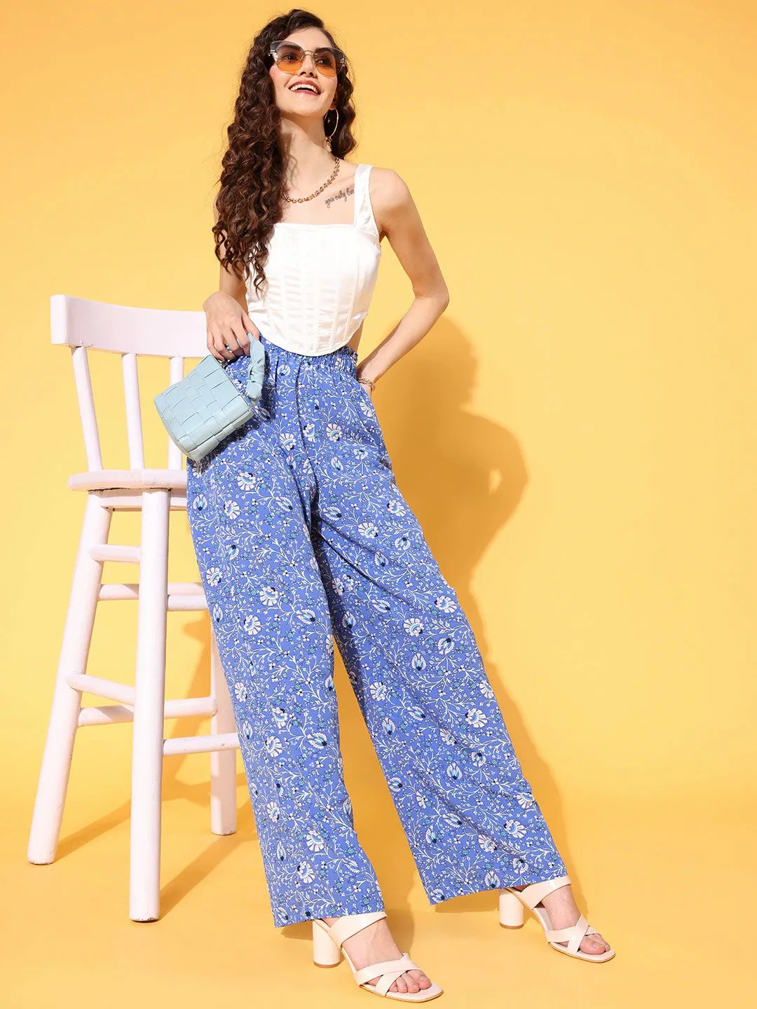 Berrylush Women Elegant Blue Floral Printed High-Rise Waist Wide Leg Flared Trousers