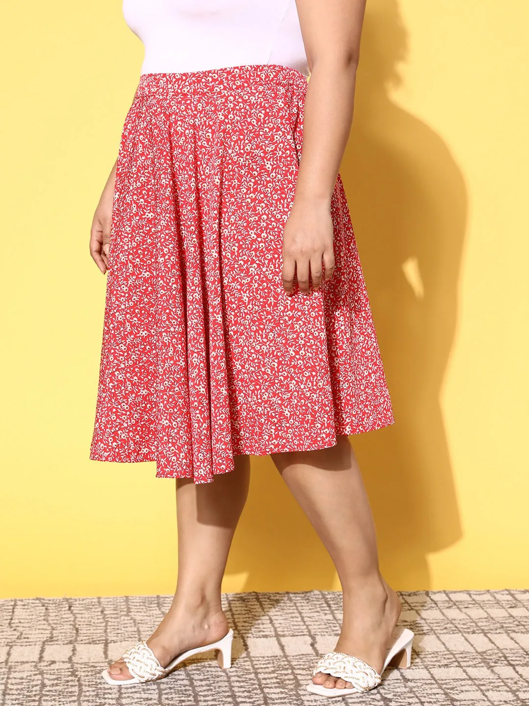 Berrylush Women Plus Size Red & White Floral Printed Polyester Slip-On Flared Midi Skirt