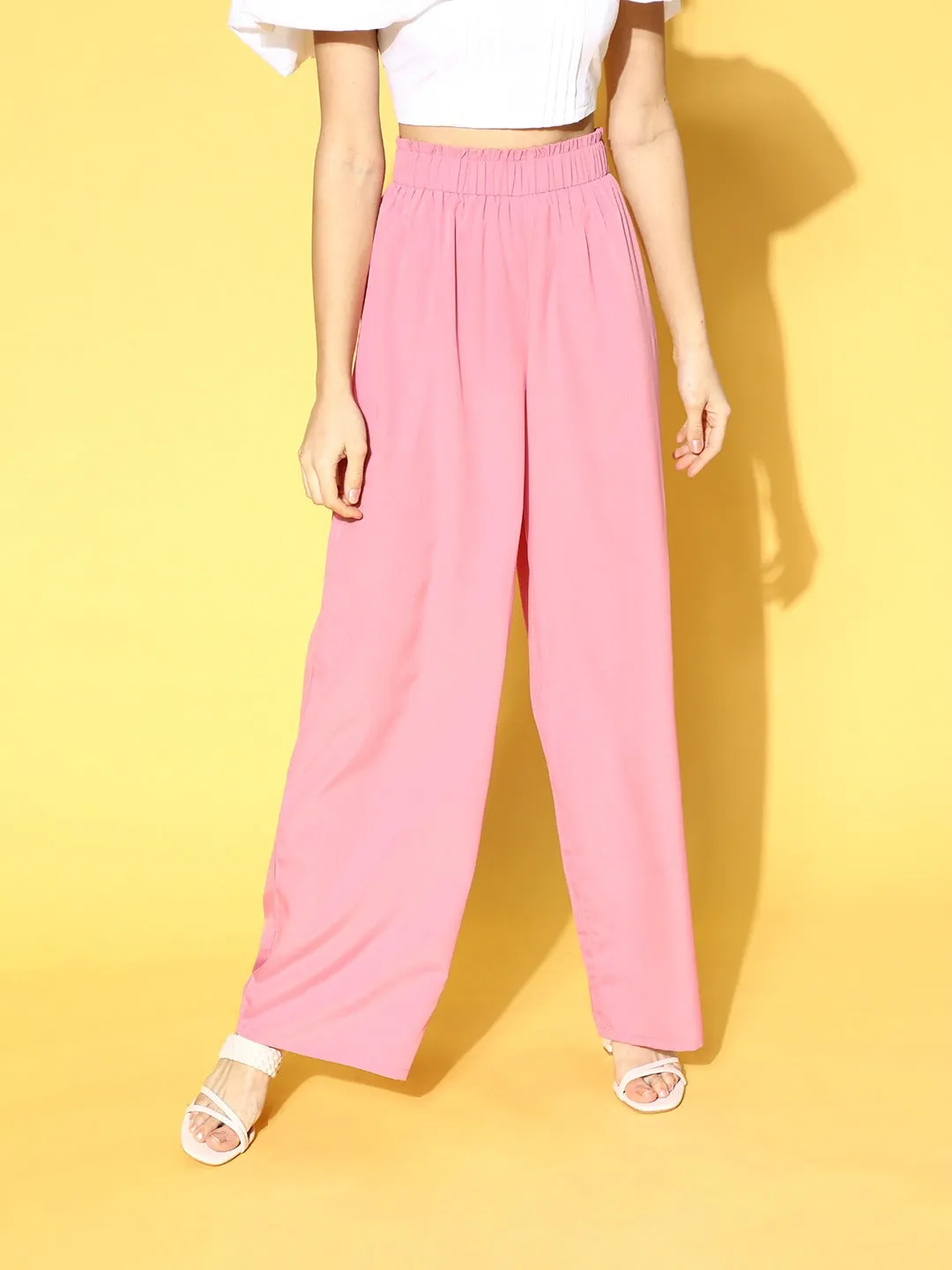 Berrylush Women Solid Light Pink Flare Fit High-Rise Waist Plain Trousers