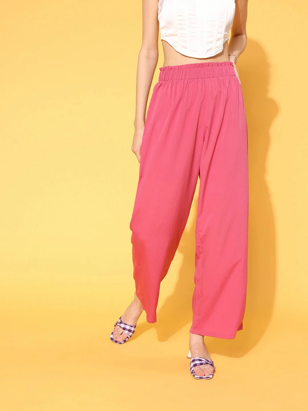 Berrylush Women Solid Pink High-Rise Waist Wide Leg Flared Trousers