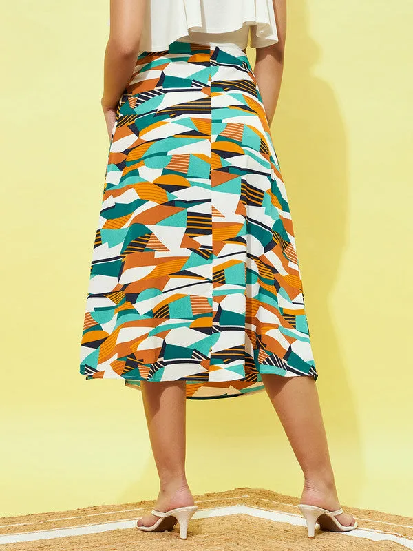 Berrylush Women Teal, Orange, & White Abstract Printed Crepe Thigh-High Slit Flared A-Line Midi Skirt