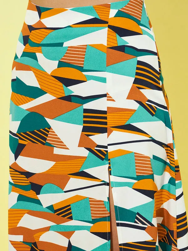 Berrylush Women Teal, Orange, & White Abstract Printed Crepe Thigh-High Slit Flared A-Line Midi Skirt