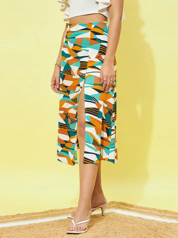 Berrylush Women Teal, Orange, & White Abstract Printed Crepe Thigh-High Slit Flared A-Line Midi Skirt