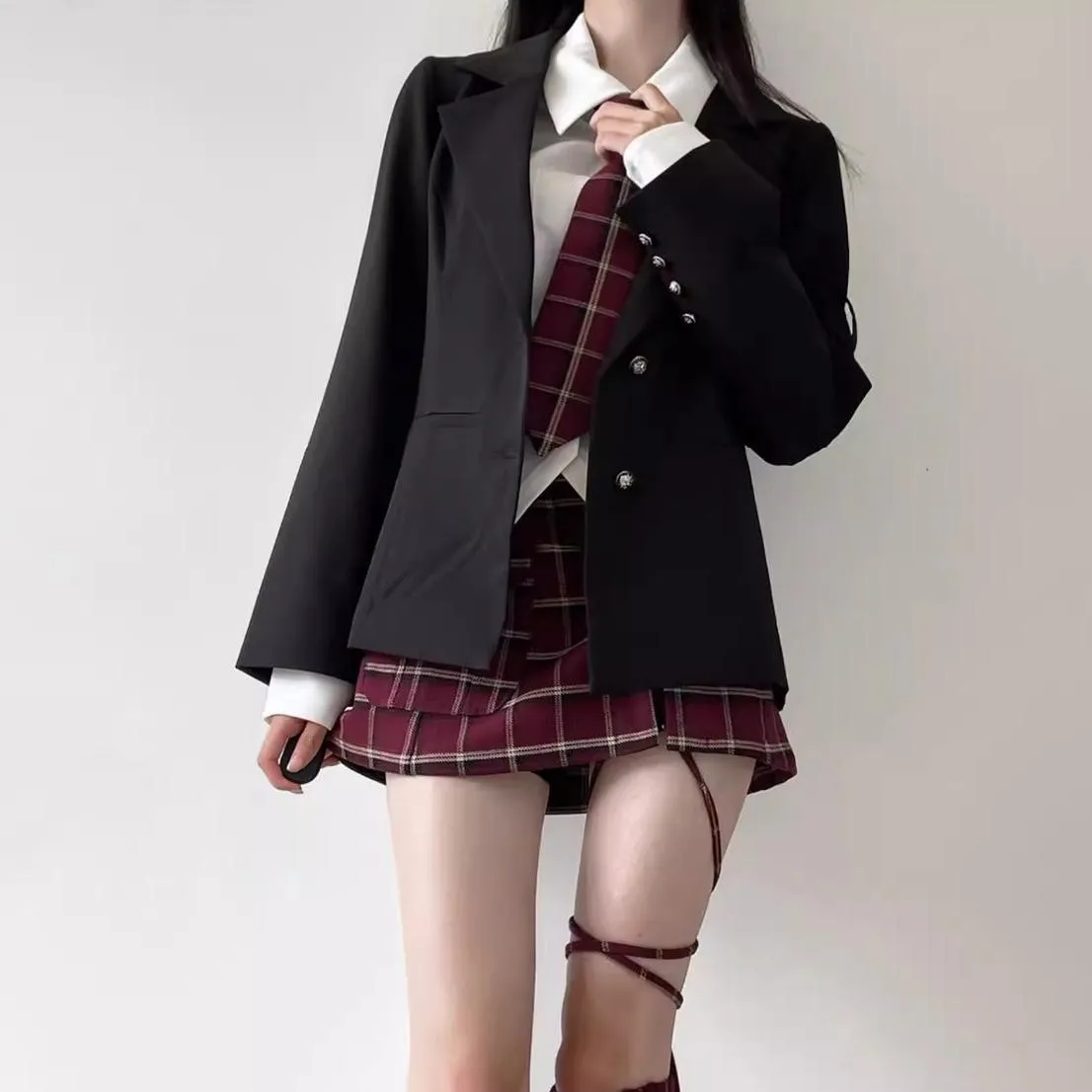 Black Blazer White Shirt and Red Plaid Skirt Set