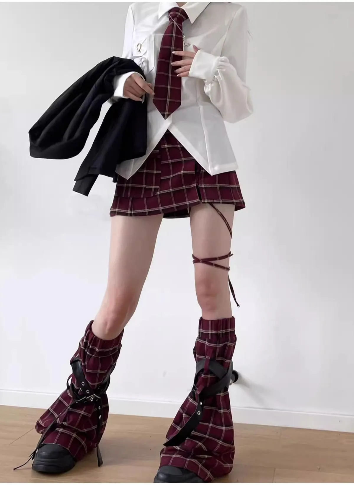 Black Blazer White Shirt and Red Plaid Skirt Set