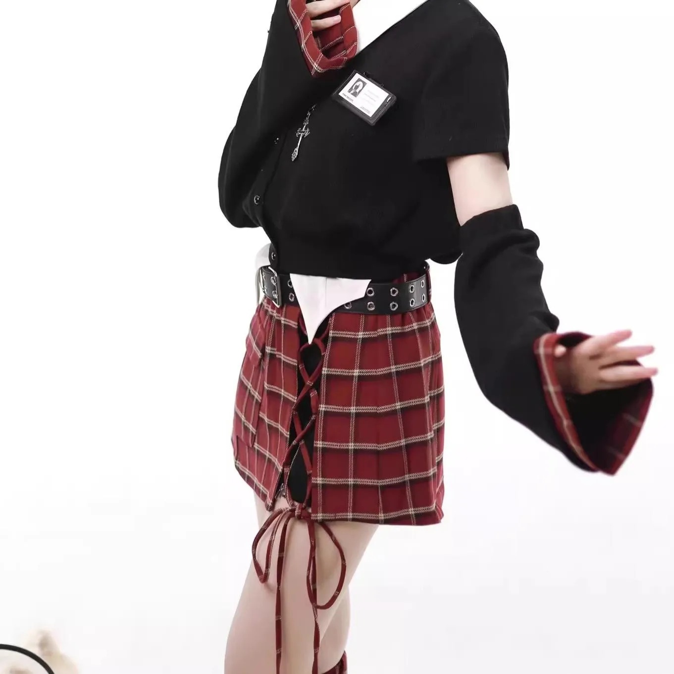 Black Blazer White Shirt and Red Plaid Skirt Set