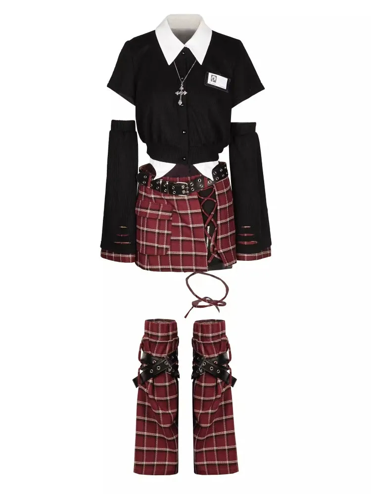 Black Blazer White Shirt and Red Plaid Skirt Set