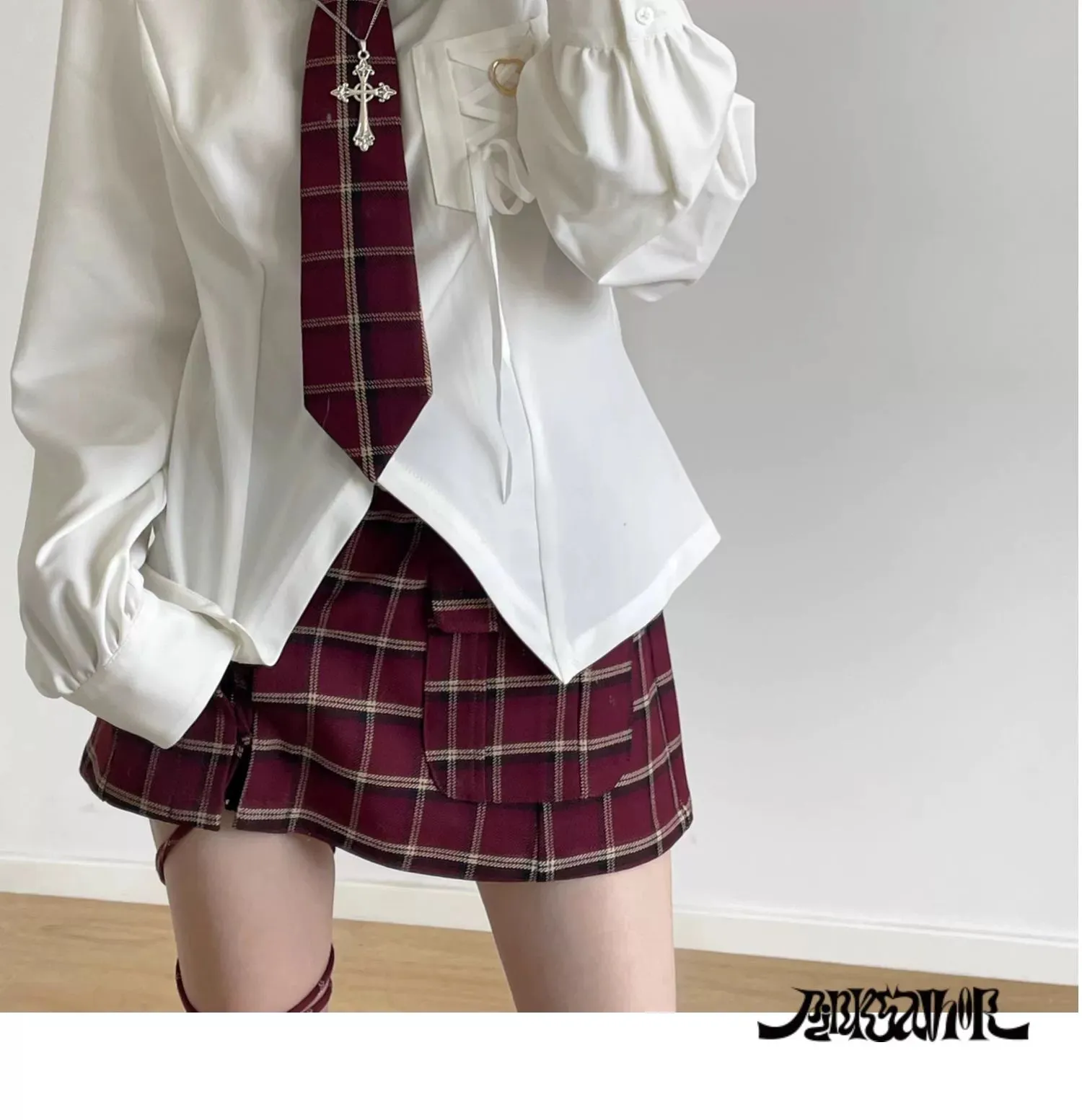 Black Blazer White Shirt and Red Plaid Skirt Set