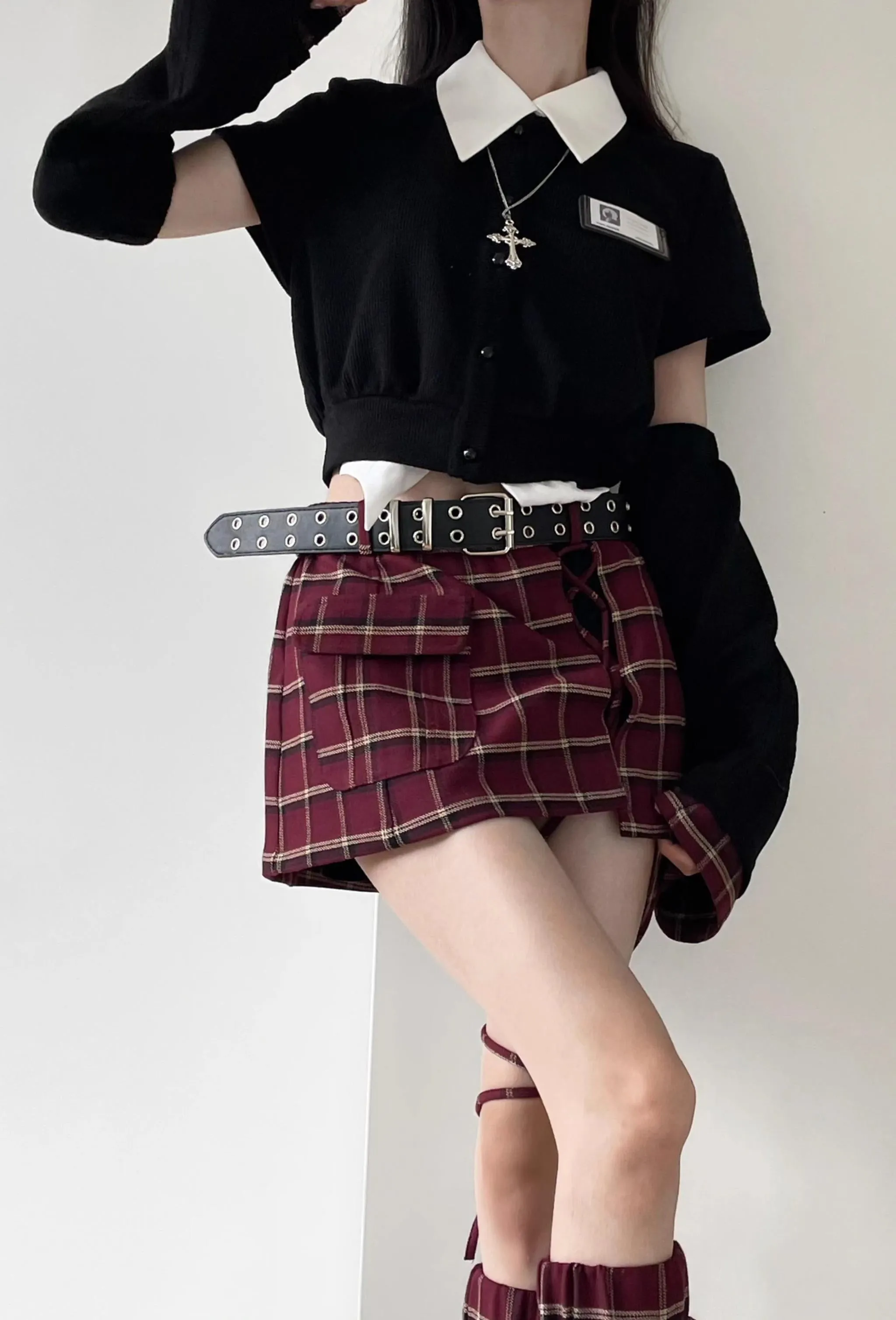 Black Blazer White Shirt and Red Plaid Skirt Set