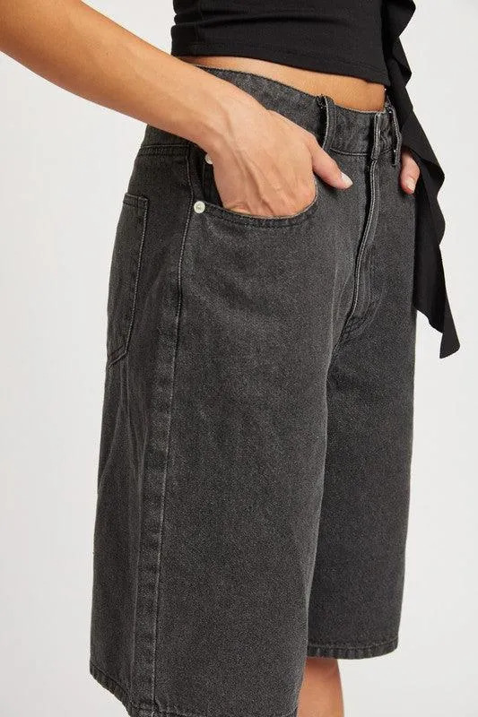 Black Denim Bermuda Culottes Shorts With Pockets