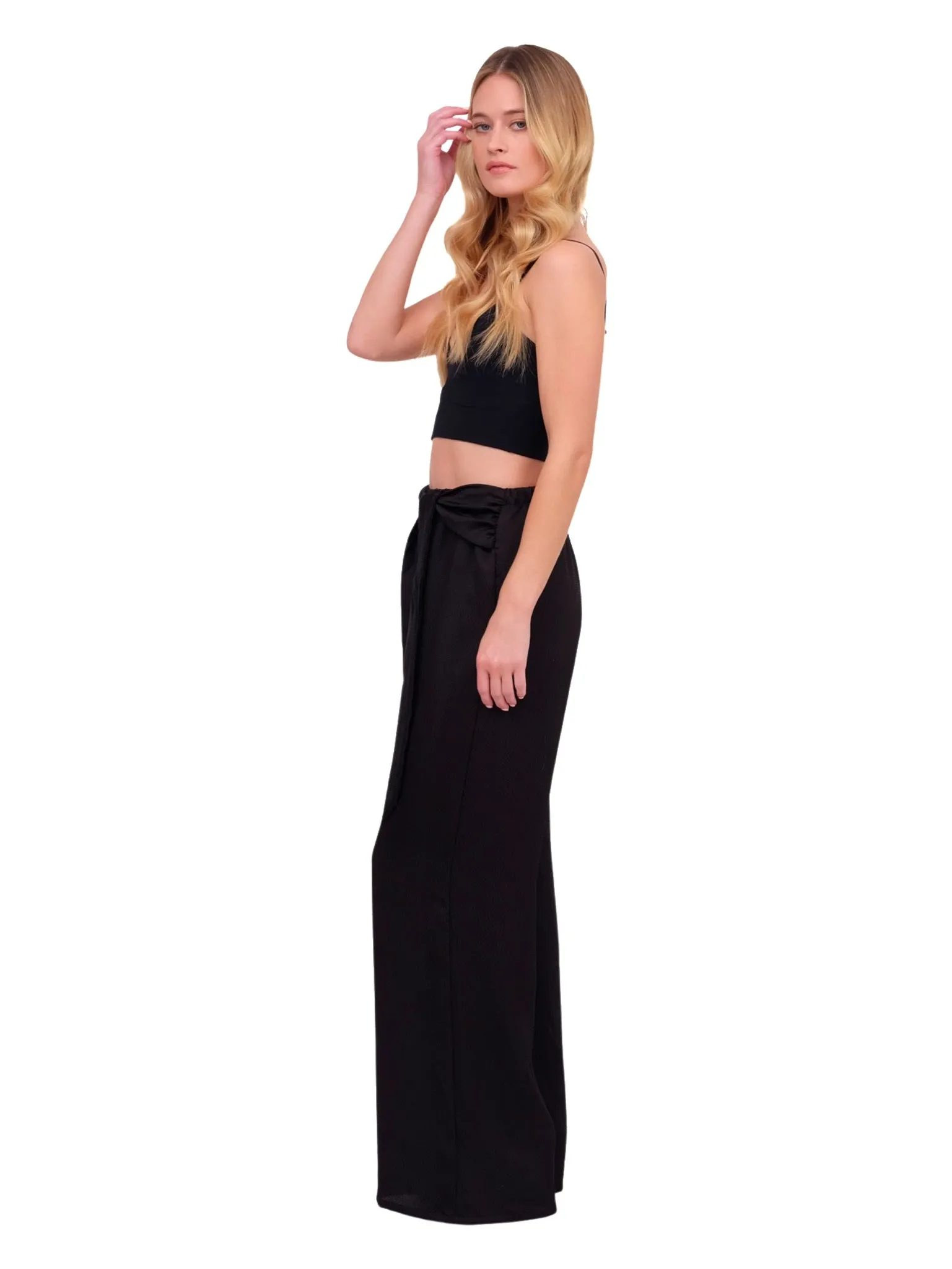 Black Hammered Satin Wide Leg Pants