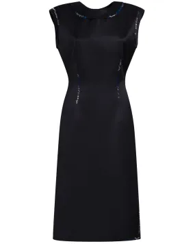 Black Satin Bead Embroidered Sleeveless Midi Dress