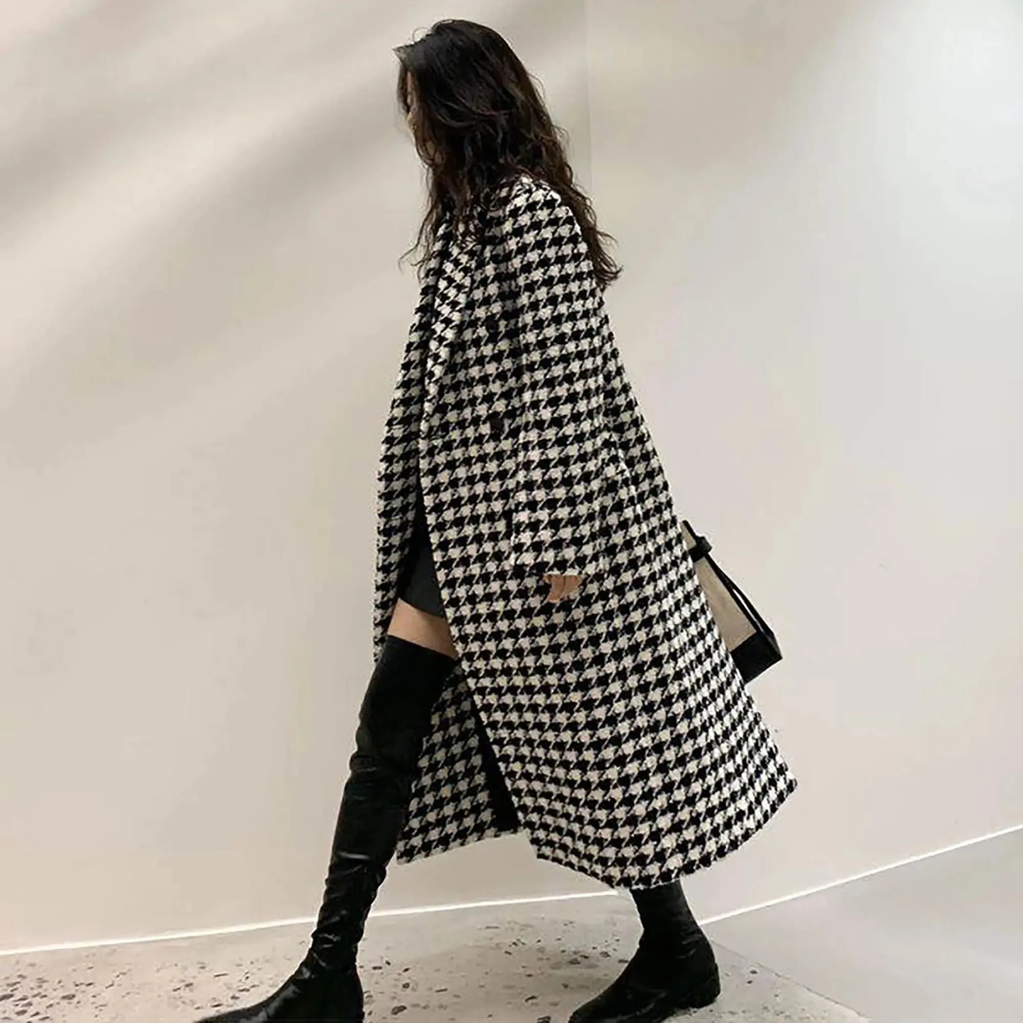 Black White Houndstooth Double Breasted Wool Blend Long Coat