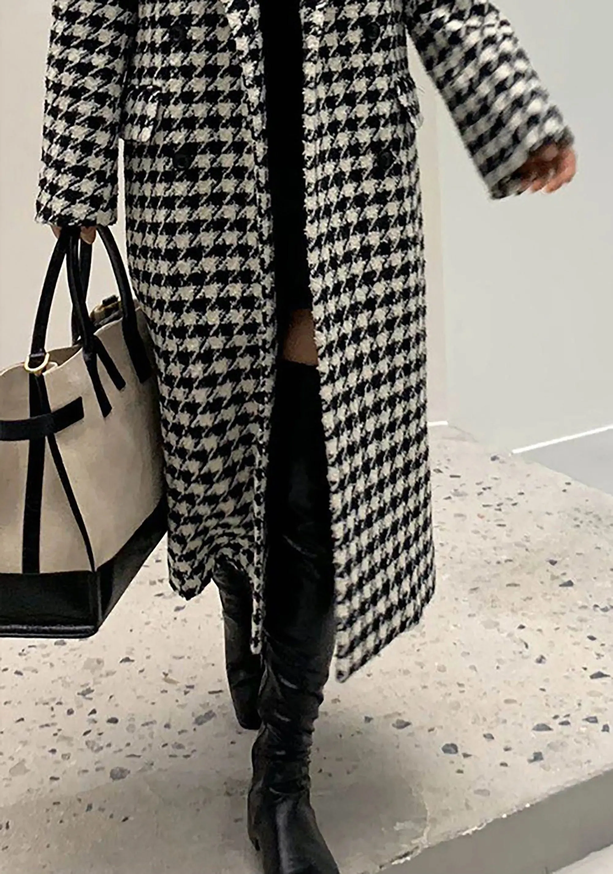 Black White Houndstooth Double Breasted Wool Blend Long Coat