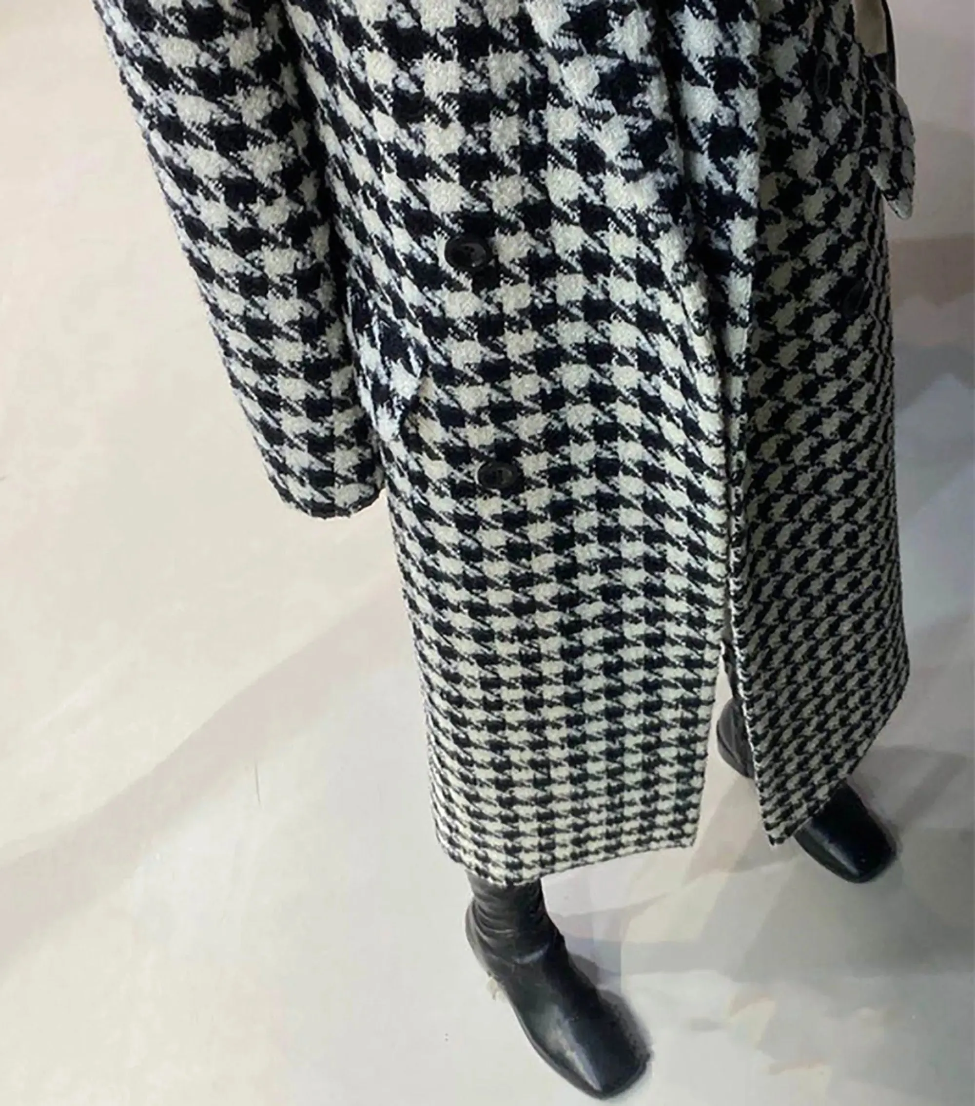 Black White Houndstooth Double Breasted Wool Blend Long Coat