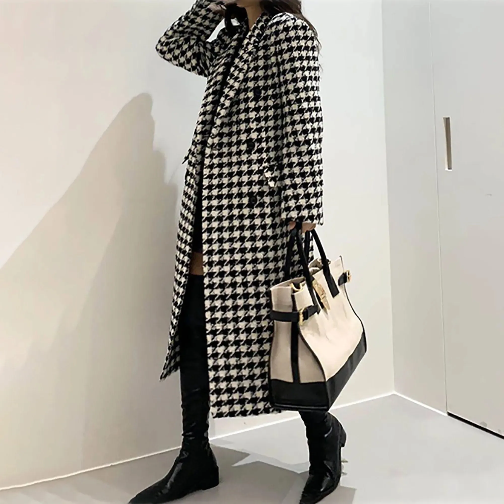 Black White Houndstooth Double Breasted Wool Blend Long Coat