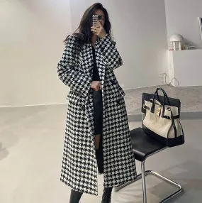 Black White Houndstooth Double Breasted Wool Blend Long Coat