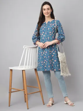 Blue Cotton Floral Print Tunic