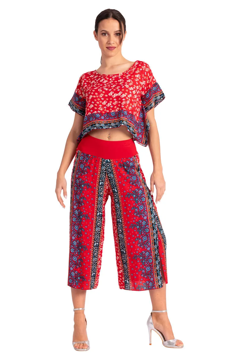 Bright Red Boho Print Wrap Cropped Culottes