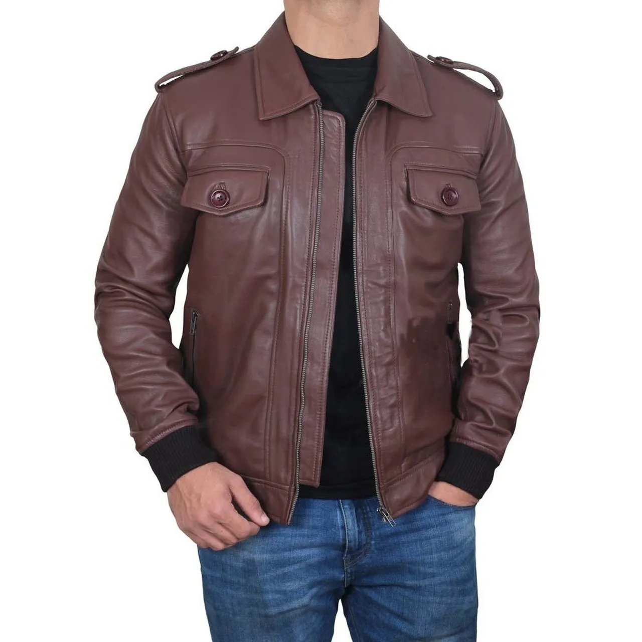 Brown Leather Bomber Jacket for Men